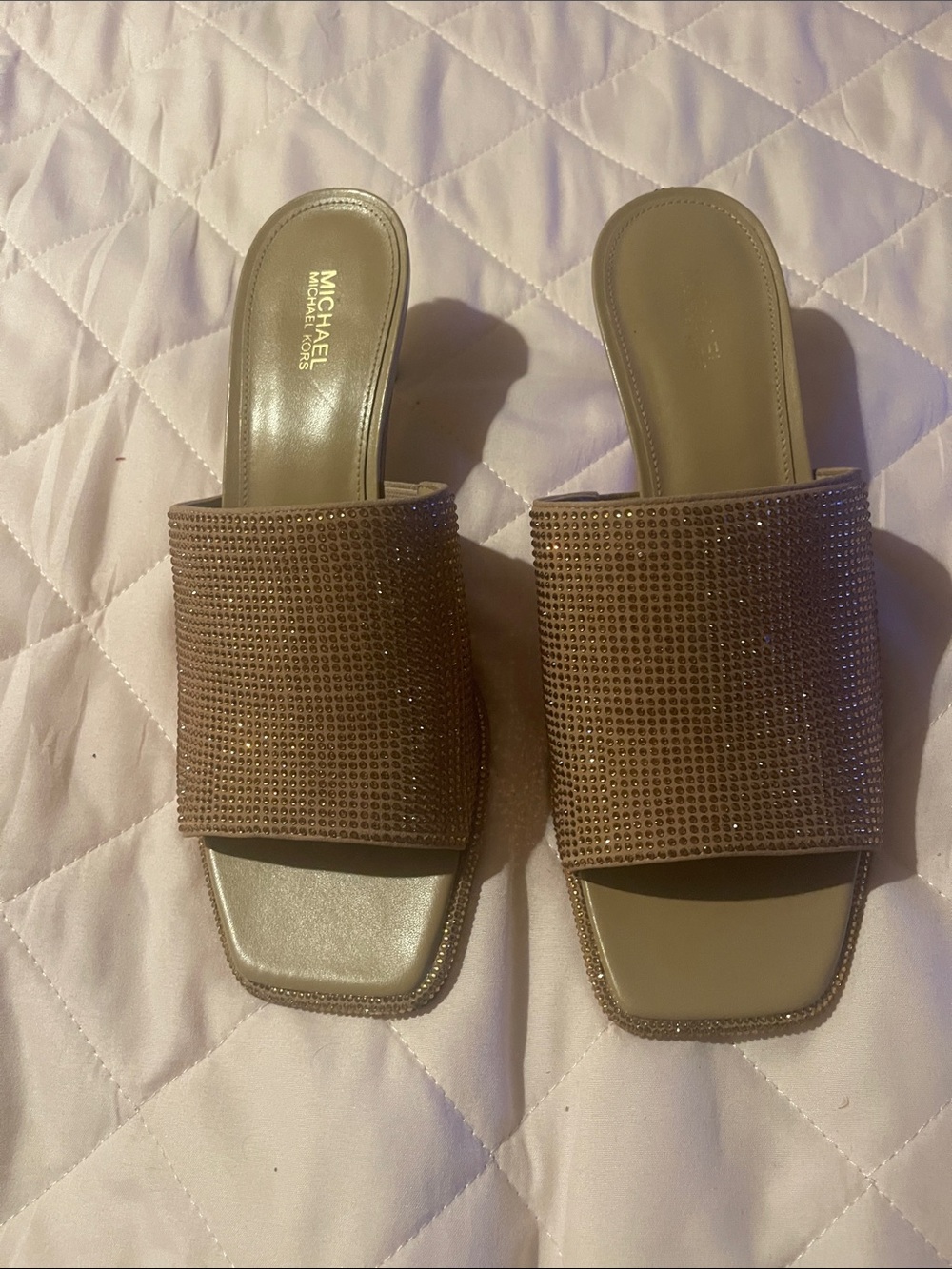 MICHAEL Michael Kors Taupe-Gold Rhinestone Slide Mules - Size 8